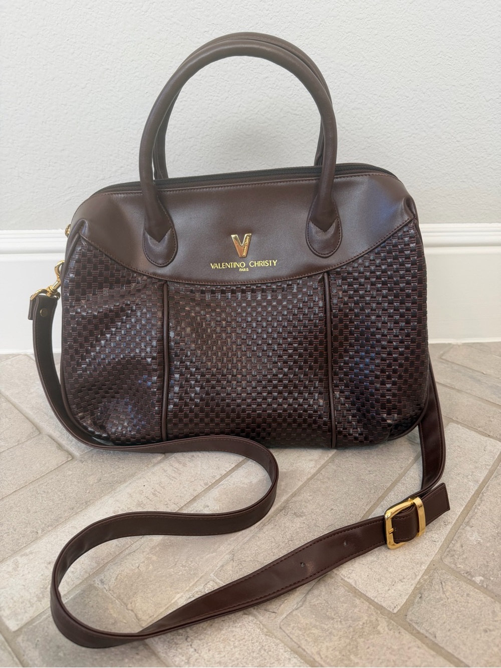 Valentino Christy Paris Brown Woven Satchel Crossbody Bag